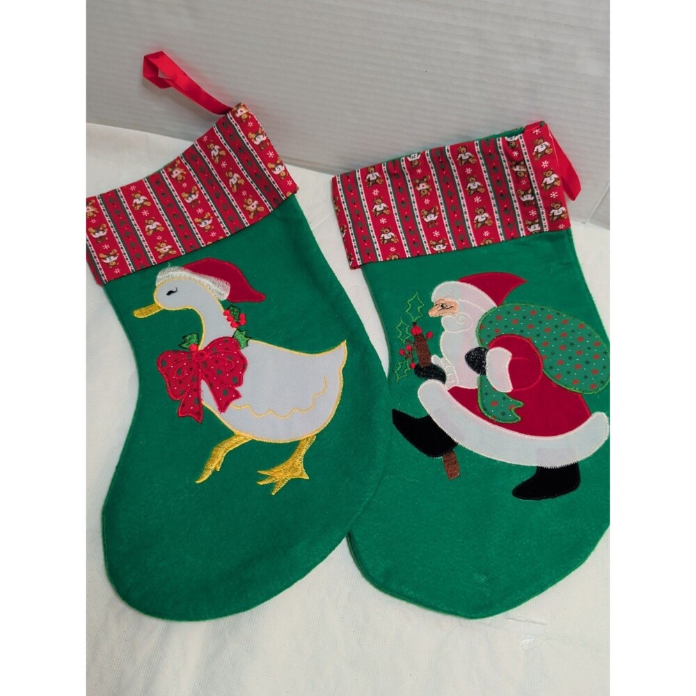 Vintage Christmas Stockings  Set Of Two Goose Santa Cottagecore Granny